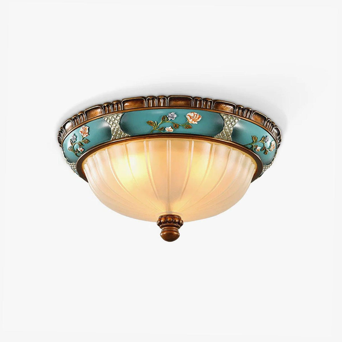 Clérachic ceiling light with a turquoise resin band of painted flowers, a ribbed frosted glass bowl and a brown finial, on a white backdrop.