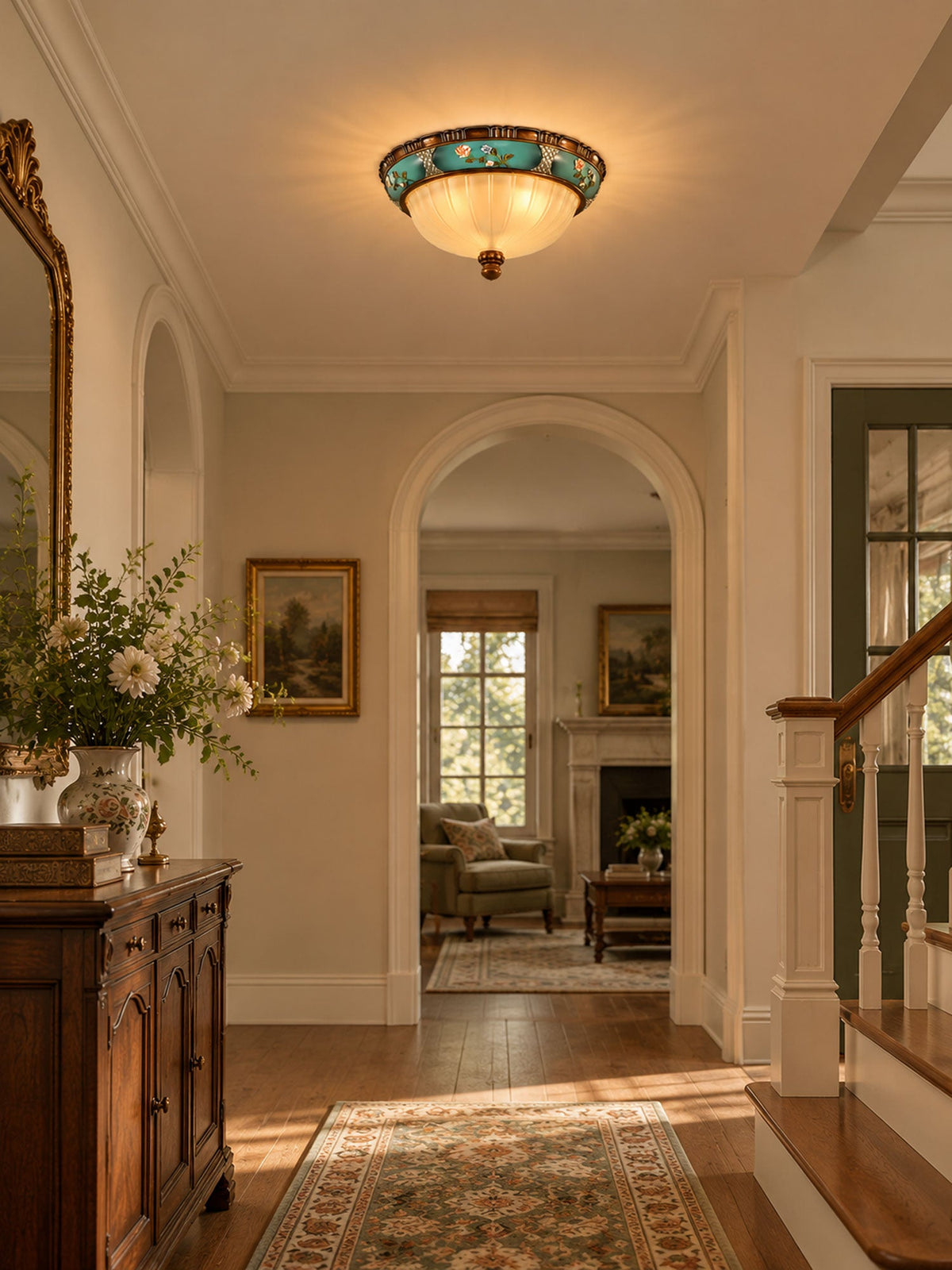 Clérachic ceiling light glowing over a hallway with an arched doorway, a wood chest and a vase of white flowers.