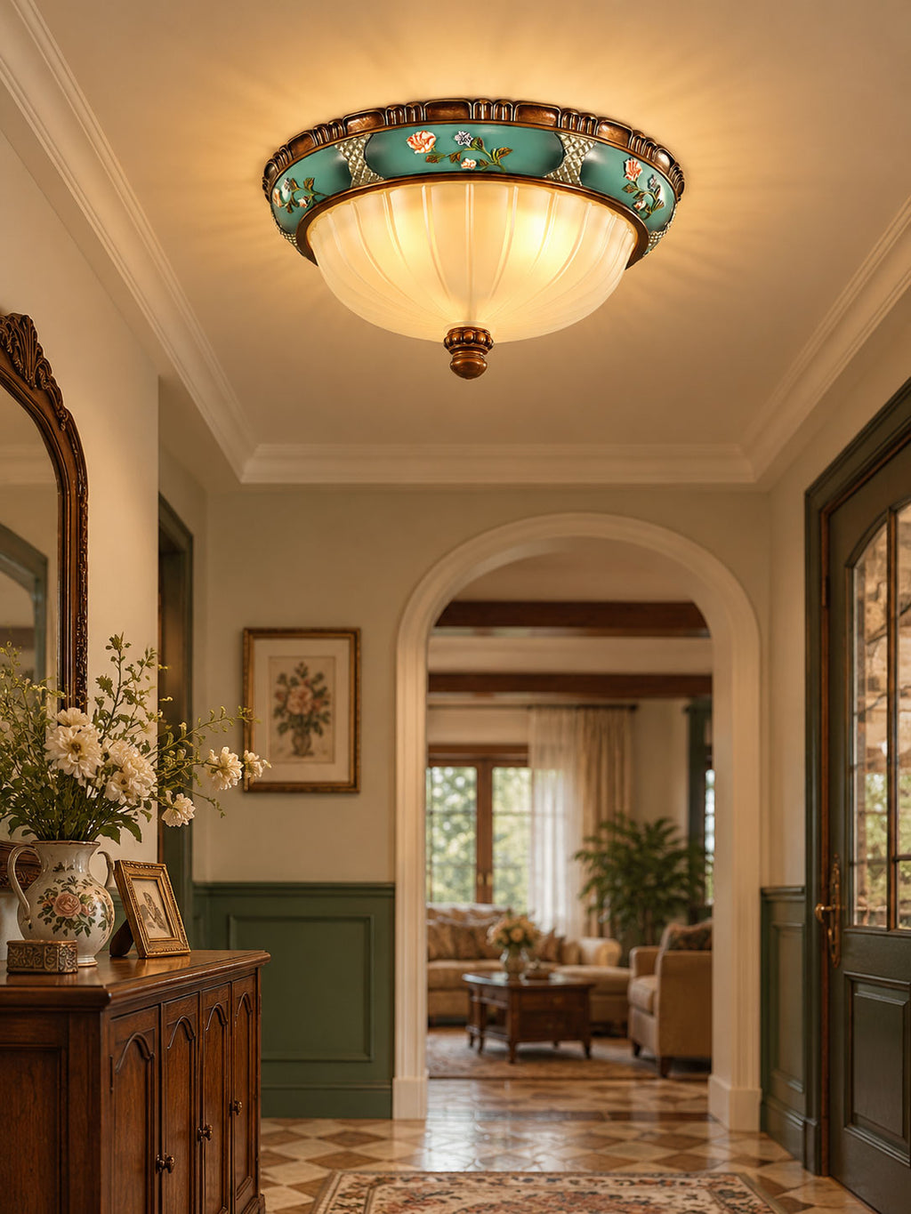 Clérachic ceiling light on a cream hallway ceiling, lit warm, with a sage-green dado and an arched opening beyond.