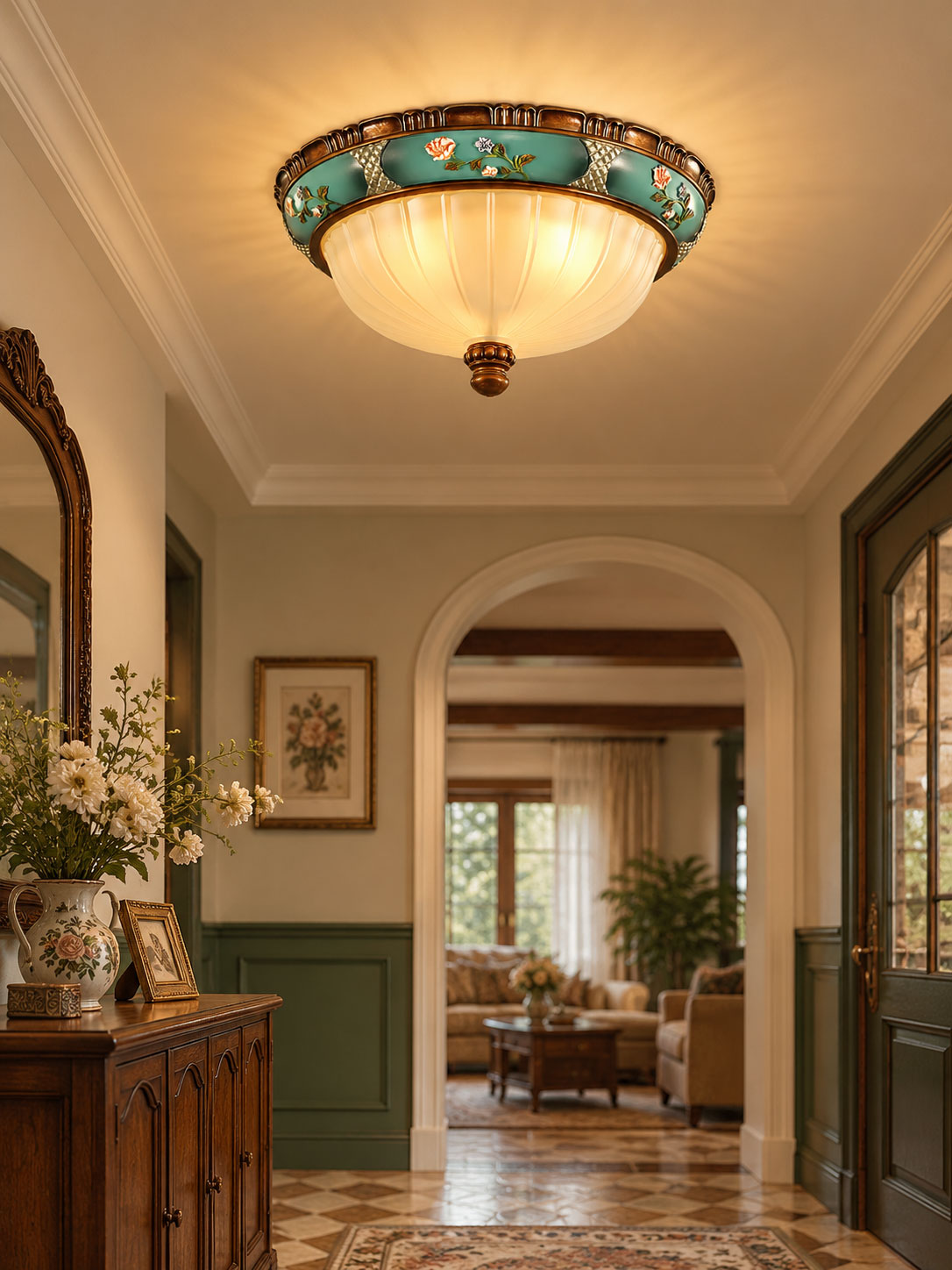 Clérachic ceiling light on a cream hallway ceiling, lit warm, with a sage-green dado and an arched opening beyond.