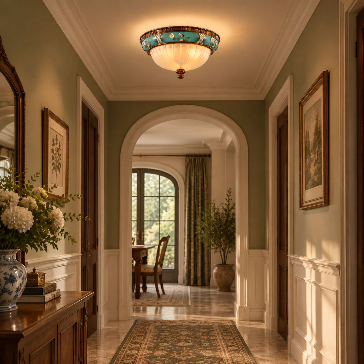 Clérachic ceiling light above a sage-green corridor with a patterned runner, an arch and a vase of white hydrangeas.