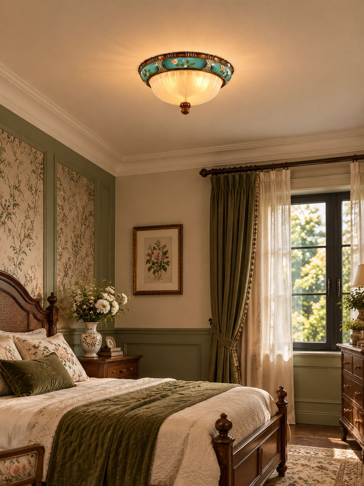 Clérachic ceiling light above a bedroom with floral wall panels, a green throw on a wooden bed and a sheer-curtained window.