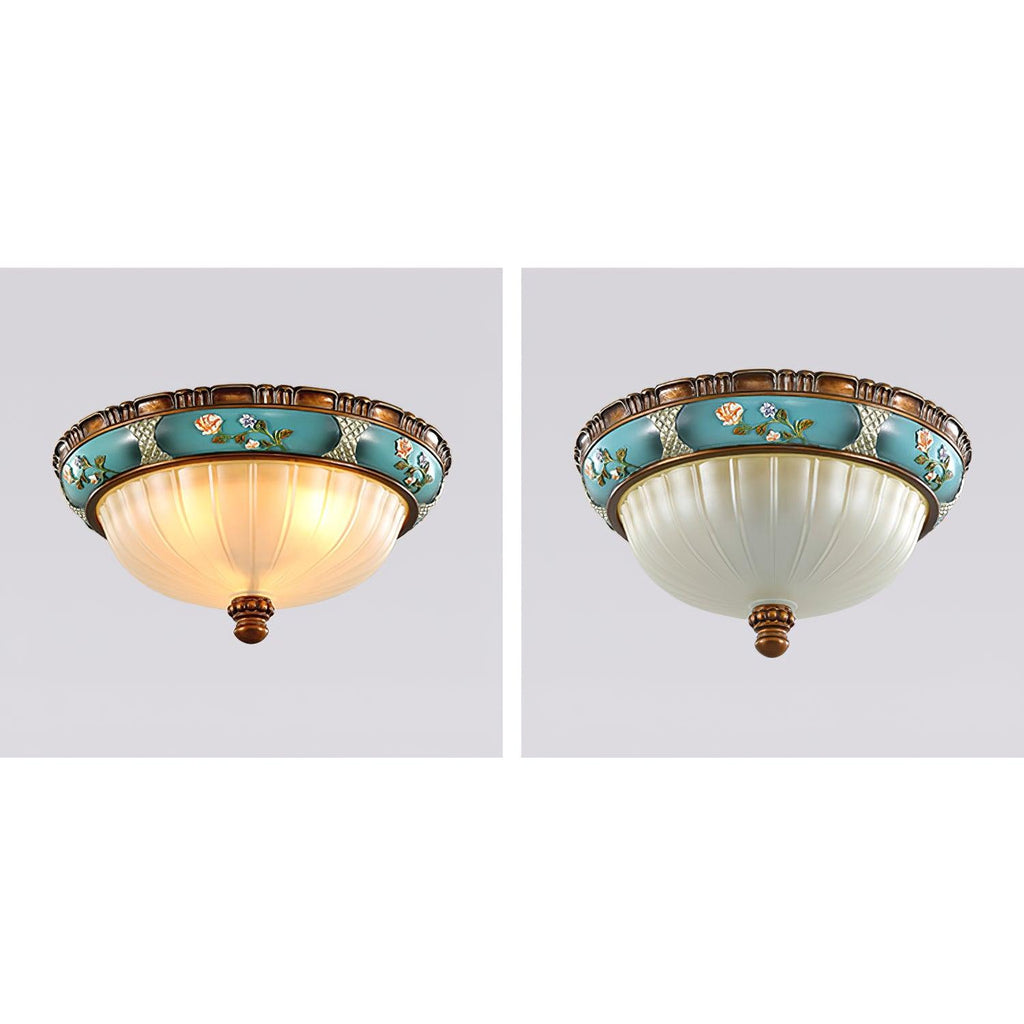 Two views of this Clérachic ceiling light side by side, one lit with a warm glow and one unlit, with the glass looking pale blue-white.