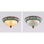 Two views of this Clérachic ceiling light side by side, one lit with a warm glow and one unlit, with the glass looking pale blue-white.