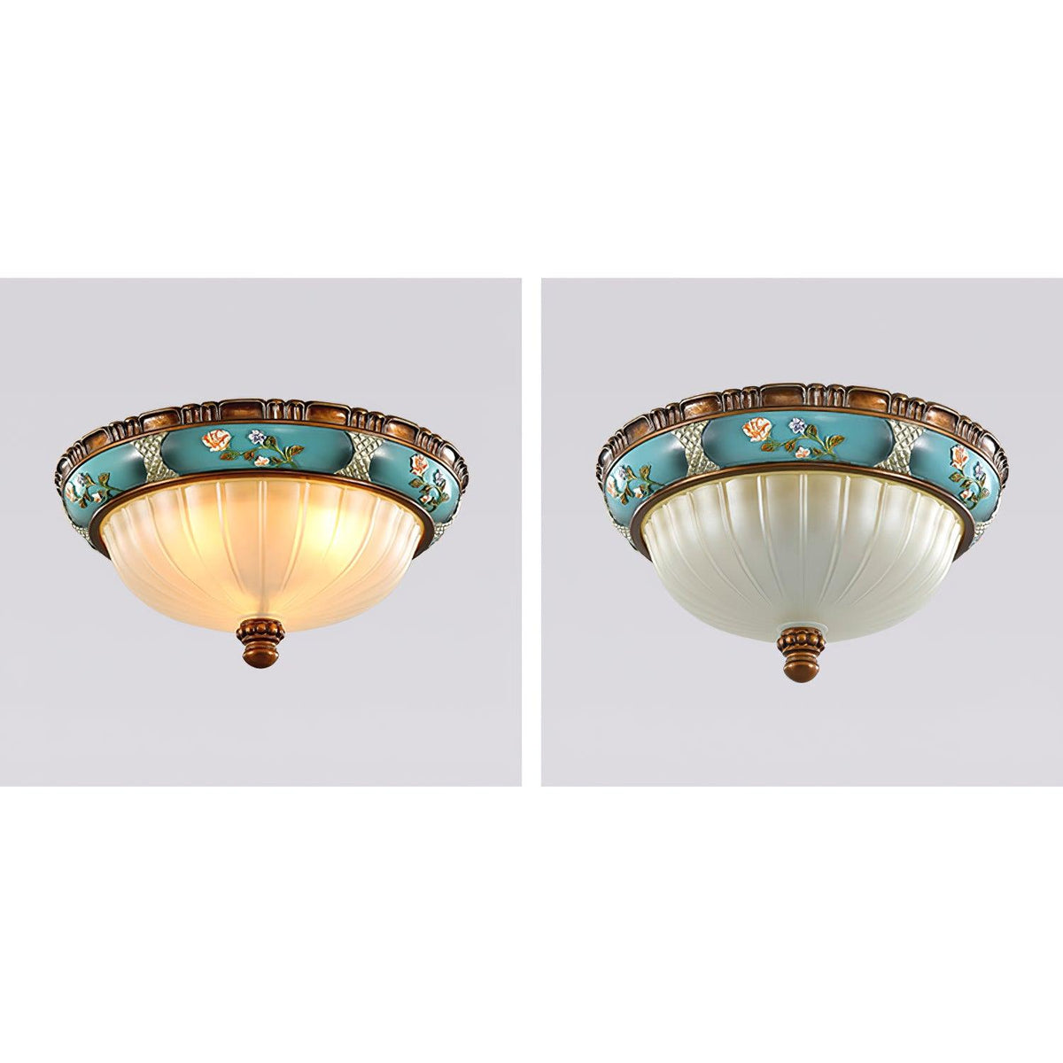 Two views of this Clérachic ceiling light side by side, one lit with a warm glow and one unlit, with the glass looking pale blue-white.