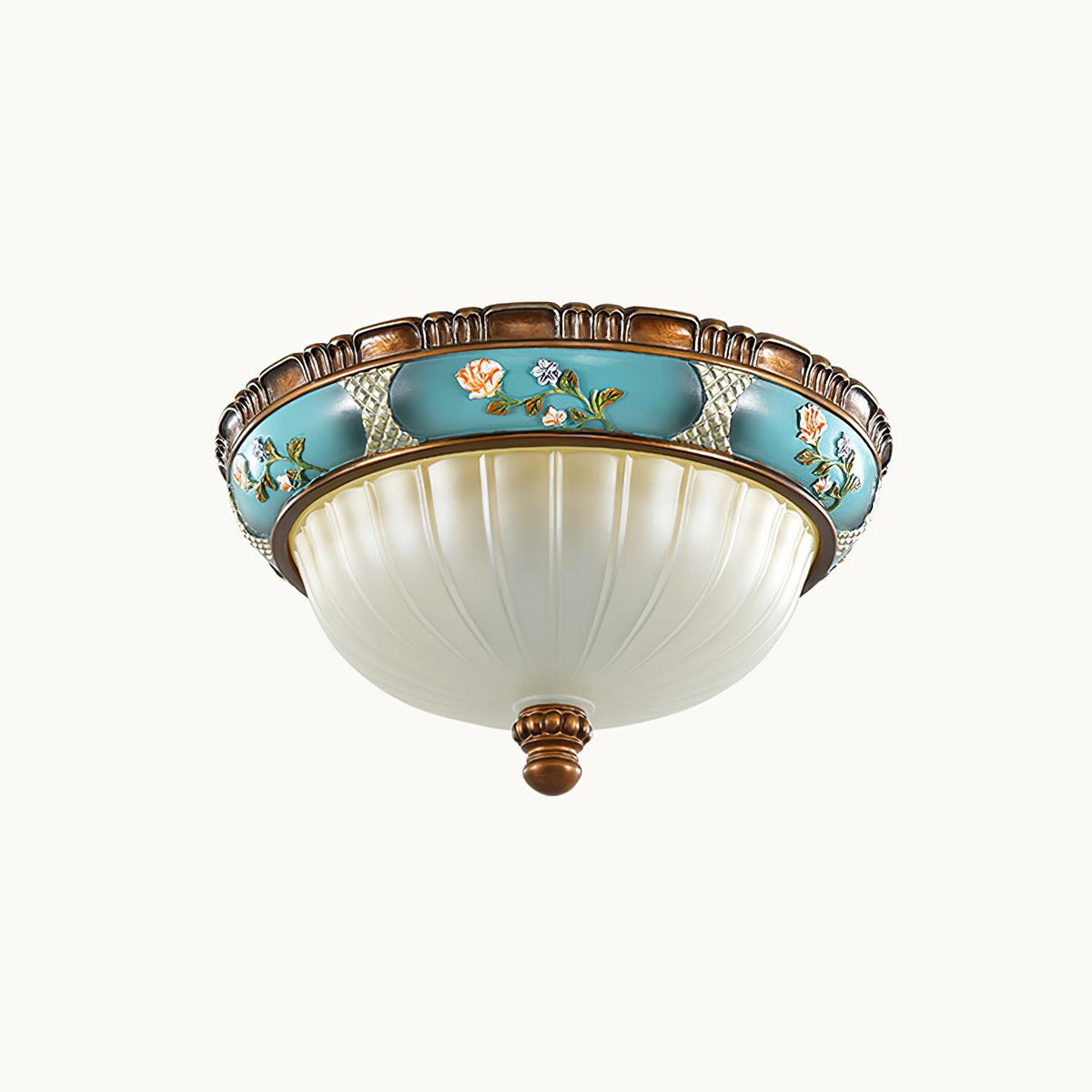 Unlit Clérachic ceiling light on a white backdrop, the milky glass bowl showing a pale blue tint under a turquoise floral band.