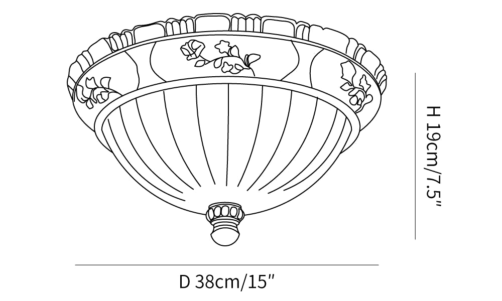 Clérachic ceiling light dimension drawing, 1 of 2, every measurement marked in centimetres and inches.