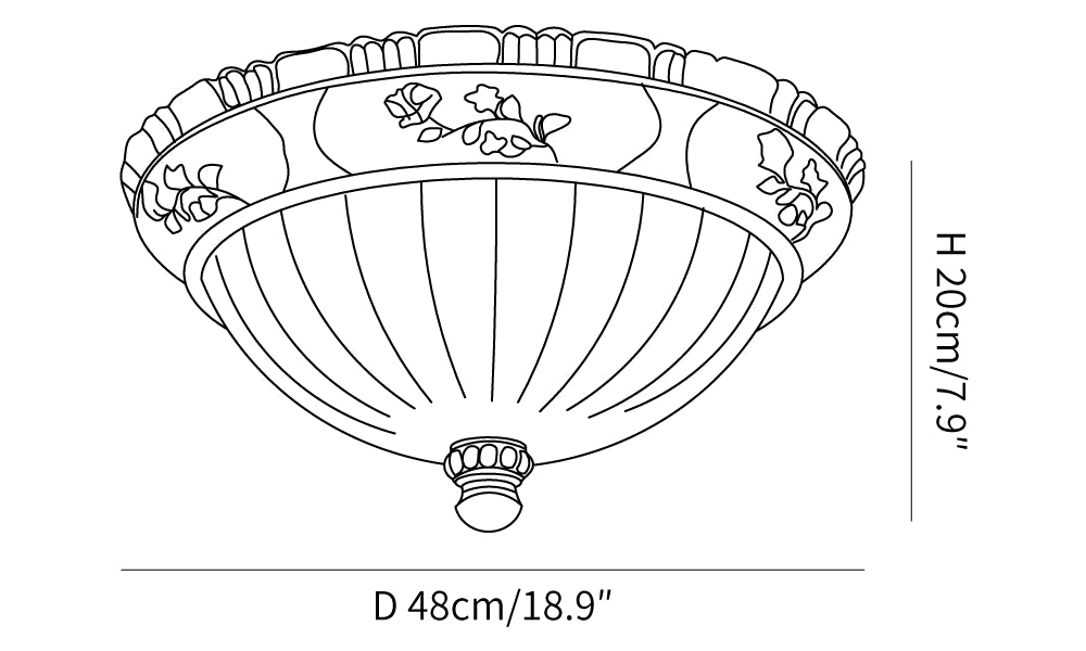 Clérachic ceiling light dimension drawing, 2 of 2, every measurement marked in centimetres and inches.