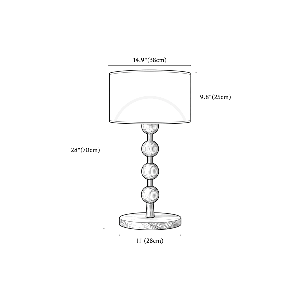 Clérachic table lamp dimension drawing, Watermark, every measurement marked in centimetres and inches.