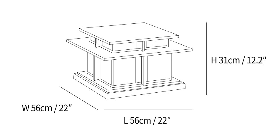 Dimension drawing of the boilyn pillar outdoor light, in outline against white.