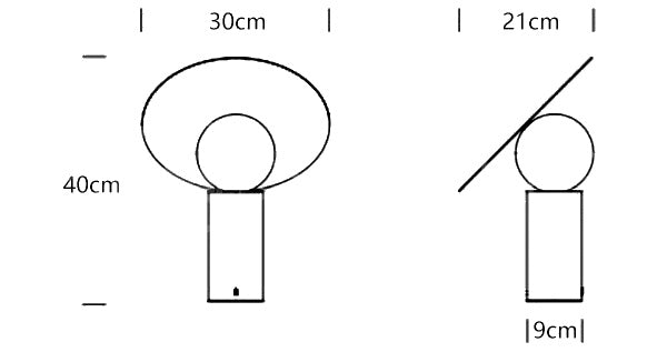 Dimension drawing of the bola disc table lamp, in outline against white.