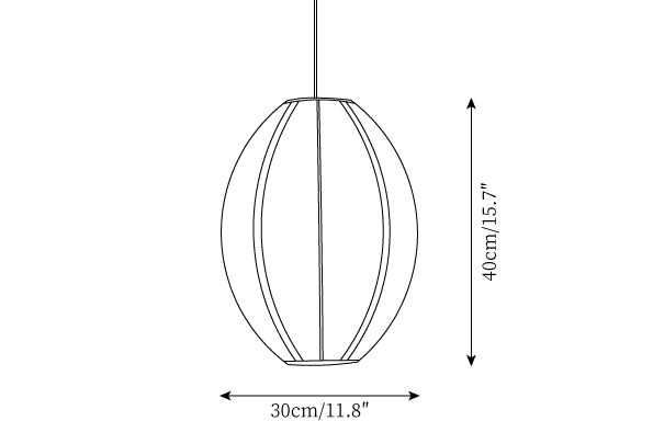 Dimension drawing of this Clérachic pendant, a tall egg-shaped shade with its height of 40 cm and width of 30 cm marked.