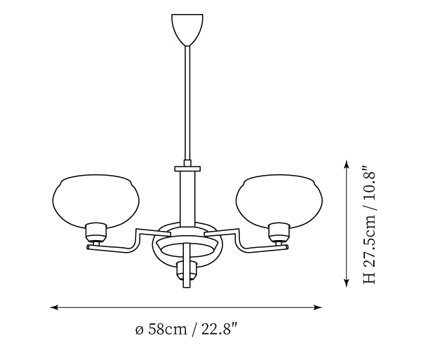 Dimension drawing of this Clérachic chandelier in the 3-head size, with its height and width marked.