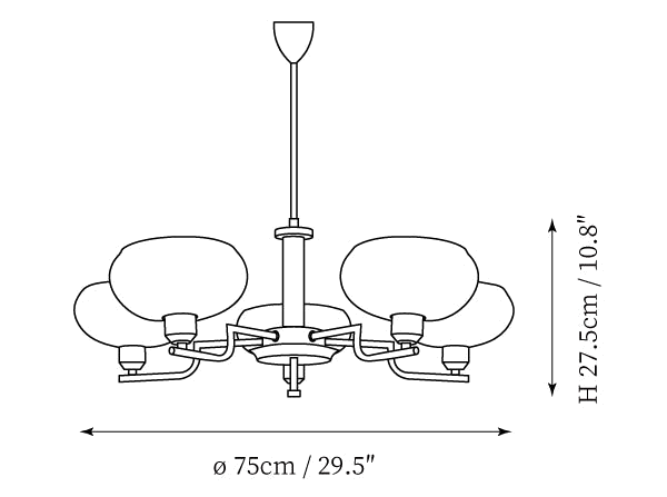 Dimension drawing of this Clérachic chandelier in the 5-head size, with its height and width marked.