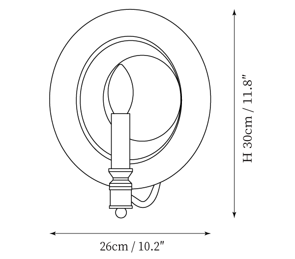 Dimension drawing of this Clérachic round wall light, with its 30 cm height and 26 cm width marked.