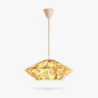 Pleated floral fabric shade with a pointed diamond profile on this Clérachic pendant, hung from a white rod on a plain white backdrop.