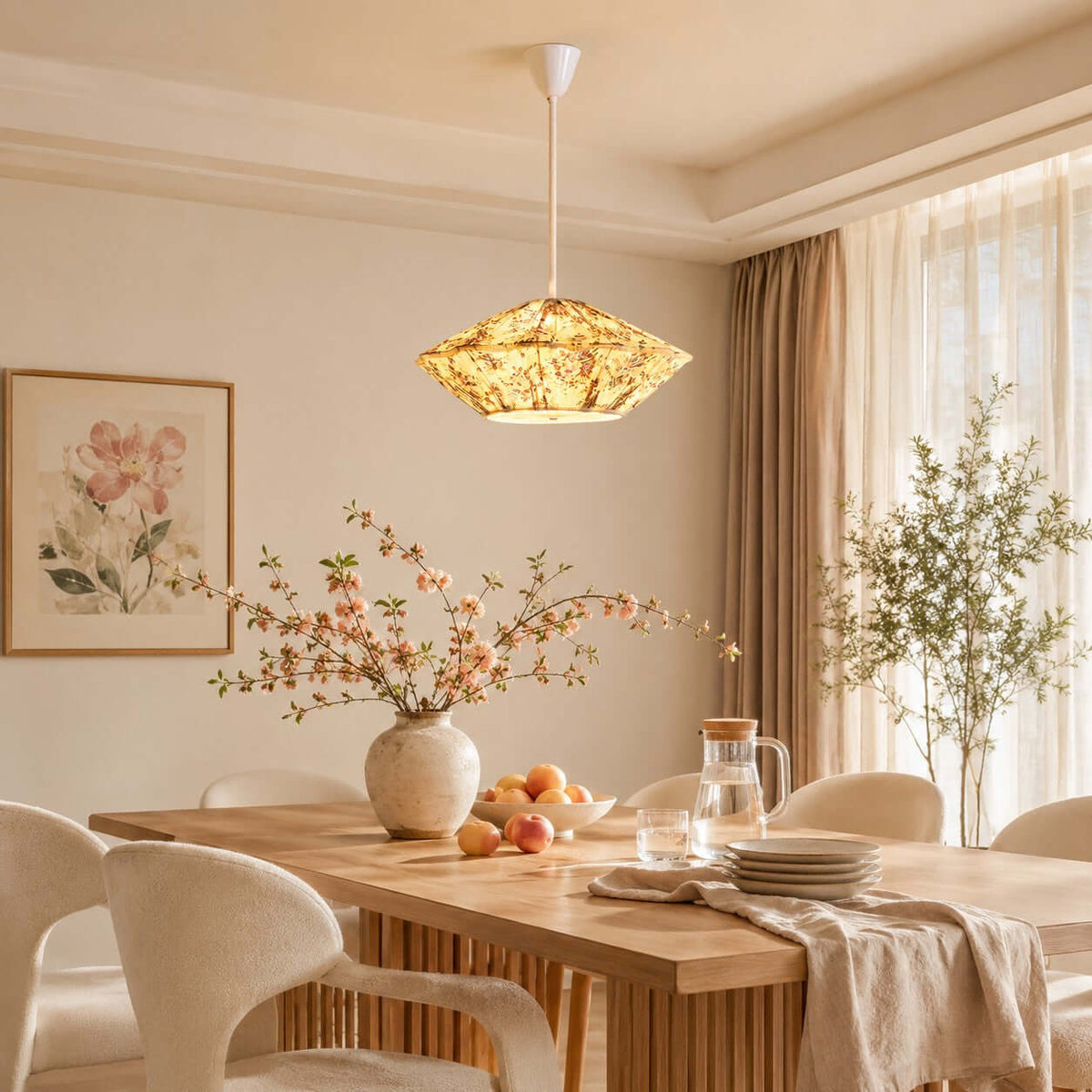 This Clérachic pendant in beige floral fabric lights a long wooden dining table, beside tall curtains and a framed flower print.