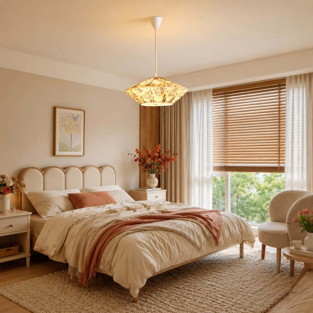 Above a bed with a scalloped headboard and a rust throw, this Clérachic pendant glows through its beige and purple floral fabric.