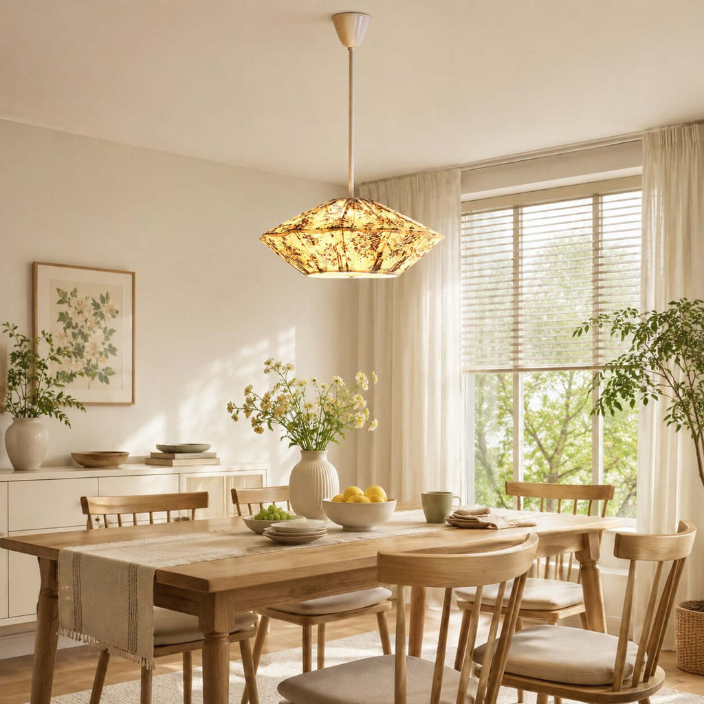 A floral-shaded Clérachic pendant hangs over a wooden dining table with a linen runner, in front of a bright window.