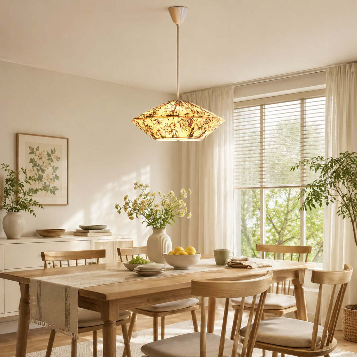 A floral-shaded Clérachic pendant hangs over a wooden dining table with a linen runner, in front of a bright window.
