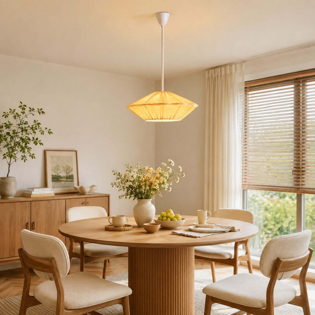 This Clérachic pendant with a glowing orange pleated shade hangs above a round table with cream chairs and spring flowers.