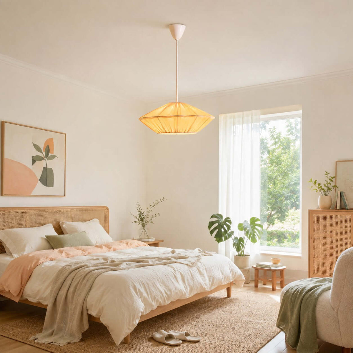An orange pleated Clérachic pendant lights a bedroom with a peach throw, a rattan bed head and a monstera by the window.