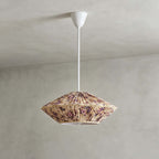 Beige fabric printed with small purple roses on this Clérachic pendant, with pleats and a white rod and canopy, on grey.