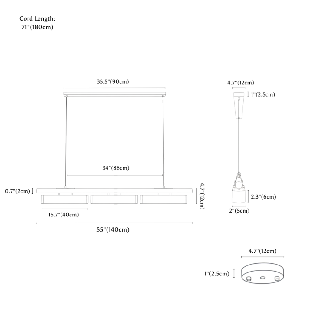 Clérachic chandelier dimension drawing, 3 Heads, 140 cm, 54 W, every measurement marked in centimetres and inches.