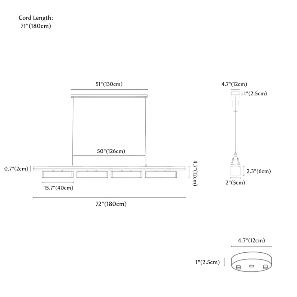 Clérachic chandelier dimension drawing, 4 Heads, 180 cm, 72 W, every measurement marked in centimetres and inches.
