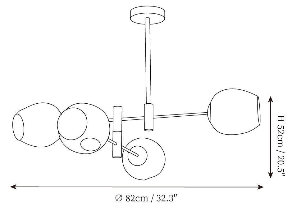 Dimension drawing of this Clérachic chandelier in its smallest size, with its height and width marked.