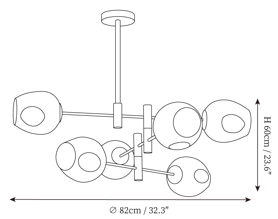 Dimension drawing of this Clérachic chandelier in its middle size, with its height and width marked.