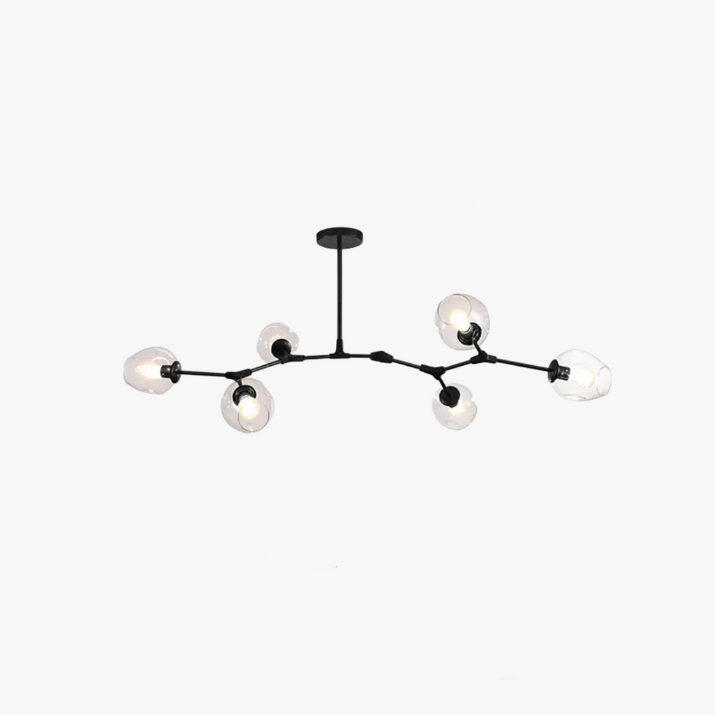 The Clérachic chandelier in black with clear dimpled globes, shown flat against white so the full branching frame reads.