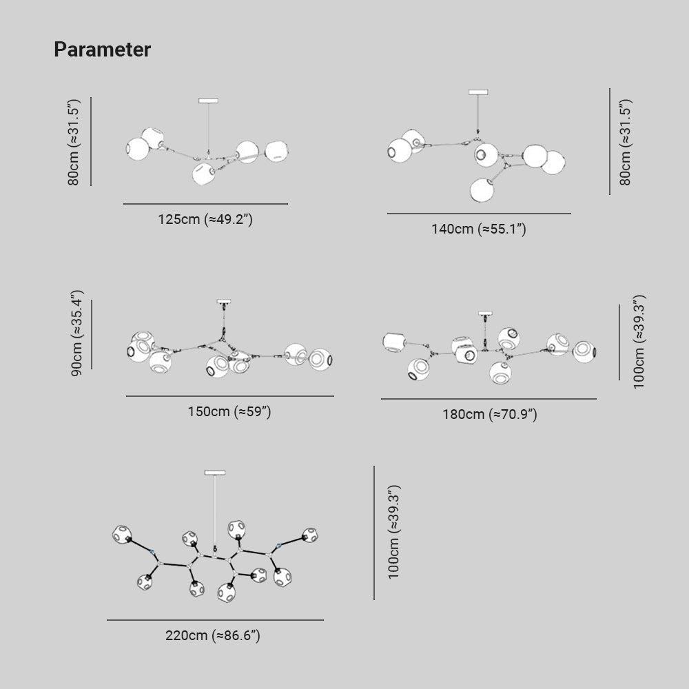 Clérachic chandelier dimension drawing: widths 125/140/150/180/220cm (≈49.2/55.1/59/70.9/86.6″), drops 80/80/90/100/100cm (≈31.5/31.5/35.4/39.3/39.3″).