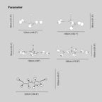 Clérachic chandelier dimension drawing: widths 125/140/150/180/220cm (≈49.2/55.1/59/70.9/86.6″), drops 80/80/90/100/100cm (≈31.5/31.5/35.4/39.3/39.3″).