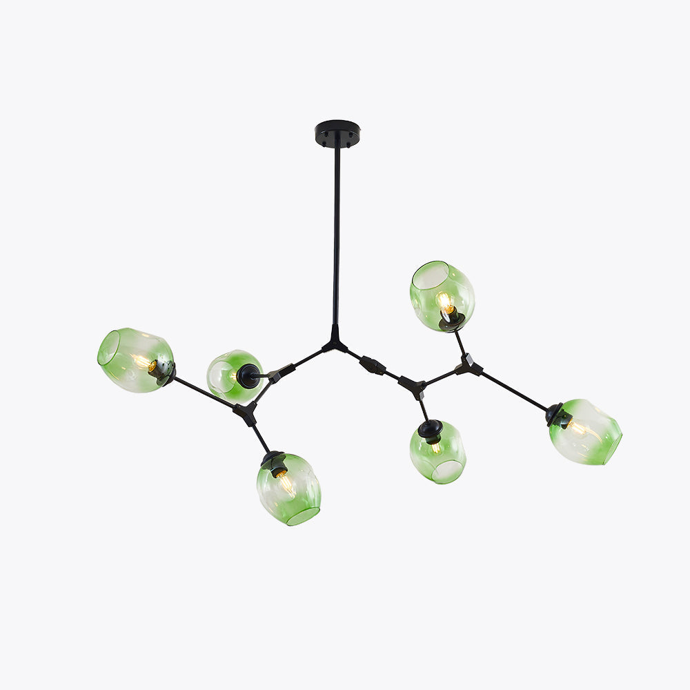 The six-head Clérachic chandelier in black with gradient green glass, photographed square-on against white.