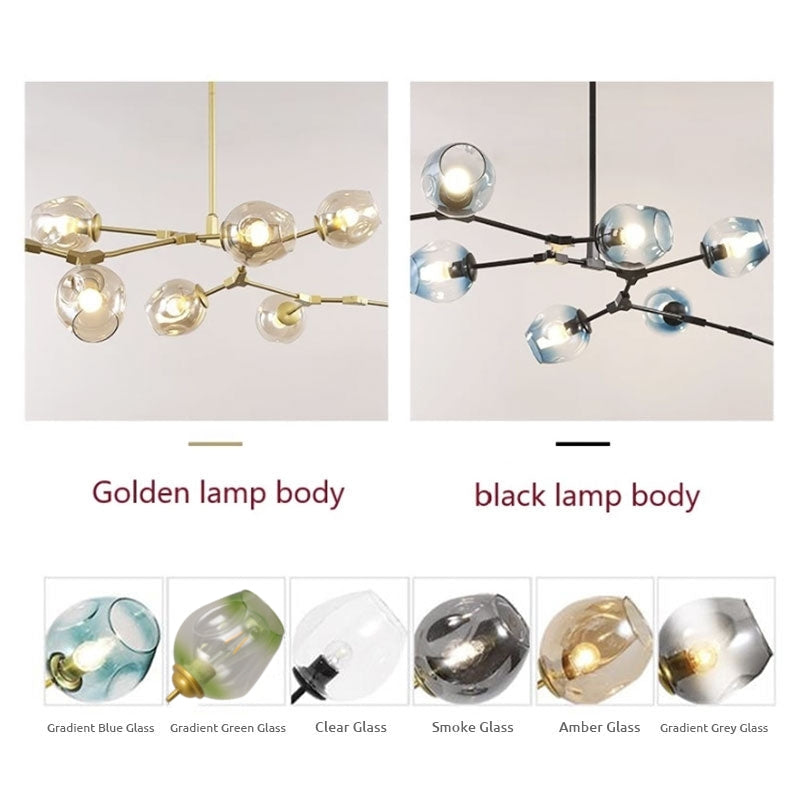 Clérachic finish chart pairing the golden and black lamp bodies with all six glass tones: gradient blue, green and grey, clear, smoke and amber.