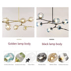 Clérachic finish chart pairing the golden and black lamp bodies with all six glass tones: gradient blue, green and grey, clear, smoke and amber.