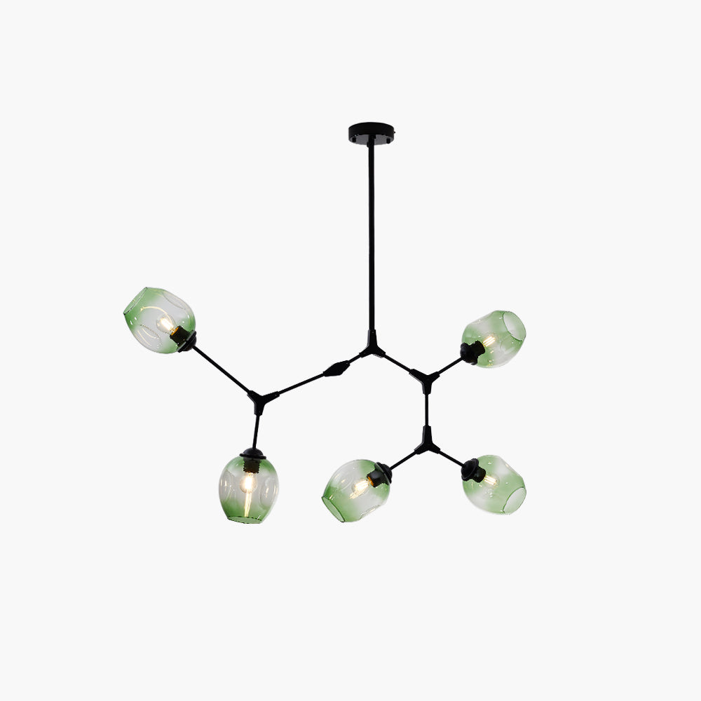 The five-head Clérachic chandelier in black with gradient green globes, its compact branching span shown against white.