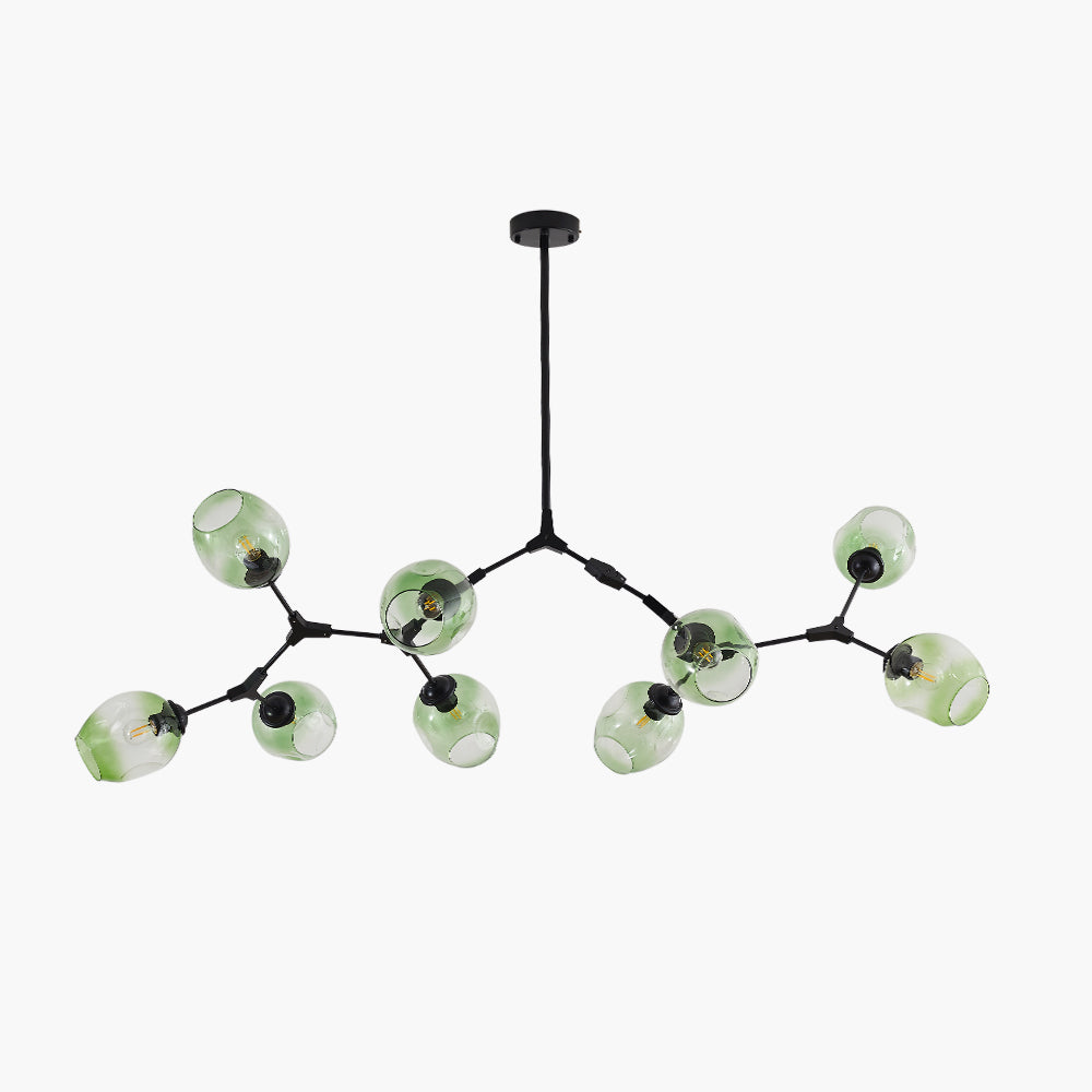 The nine-head Clérachic chandelier at its full 220 cm span, gradient green globes on black arms against a studio white ground.