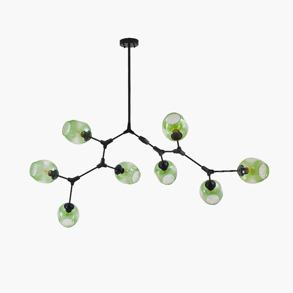 The eight-head Clérachic chandelier in black, gradient green globes staggered across the frame in a plain studio view.