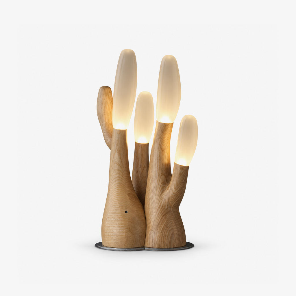 Cutout view of this Clérachic table lamp in light wood, its branching form topped with frosted glass tips.