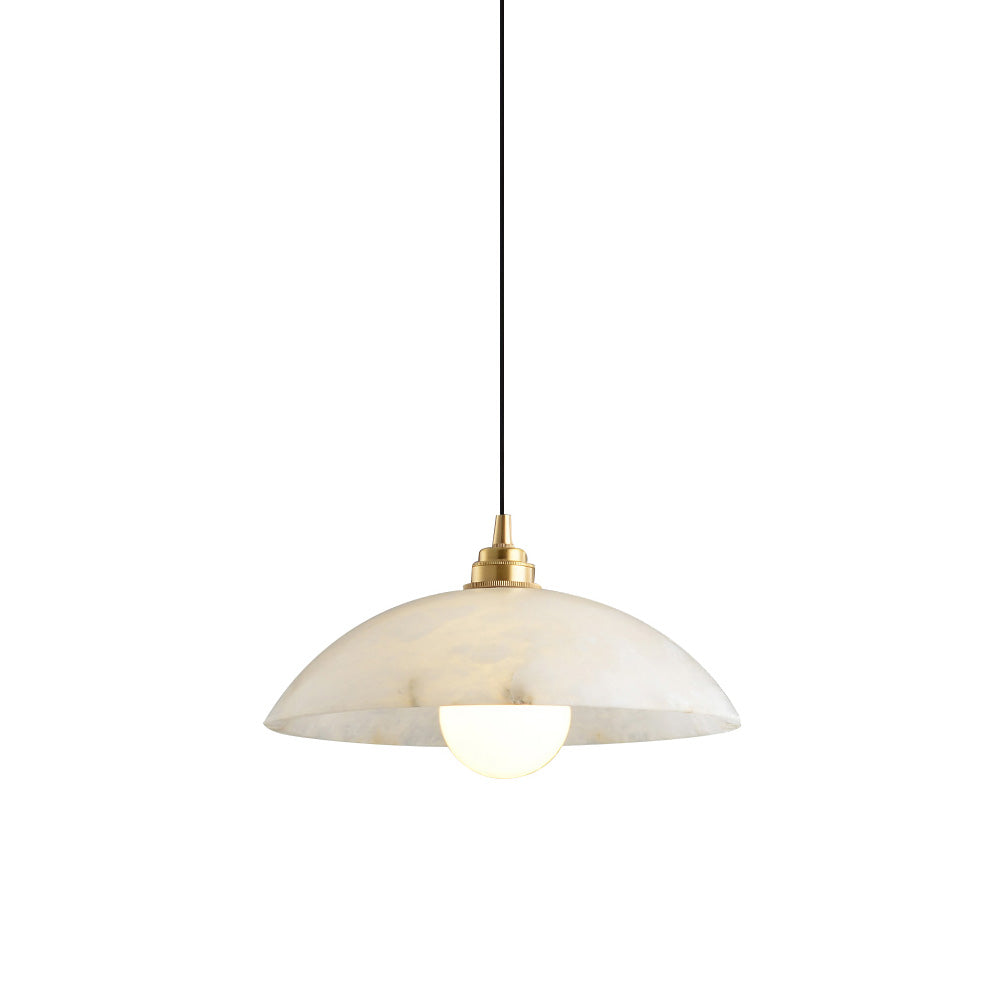 Clérachic pendant cut out on a white background, its white veined alabaster dome hanging from a black cord with a round bulb below.