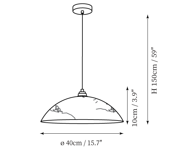 Clérachic pendant light dimension drawing, every measurement marked in centimetres and inches.