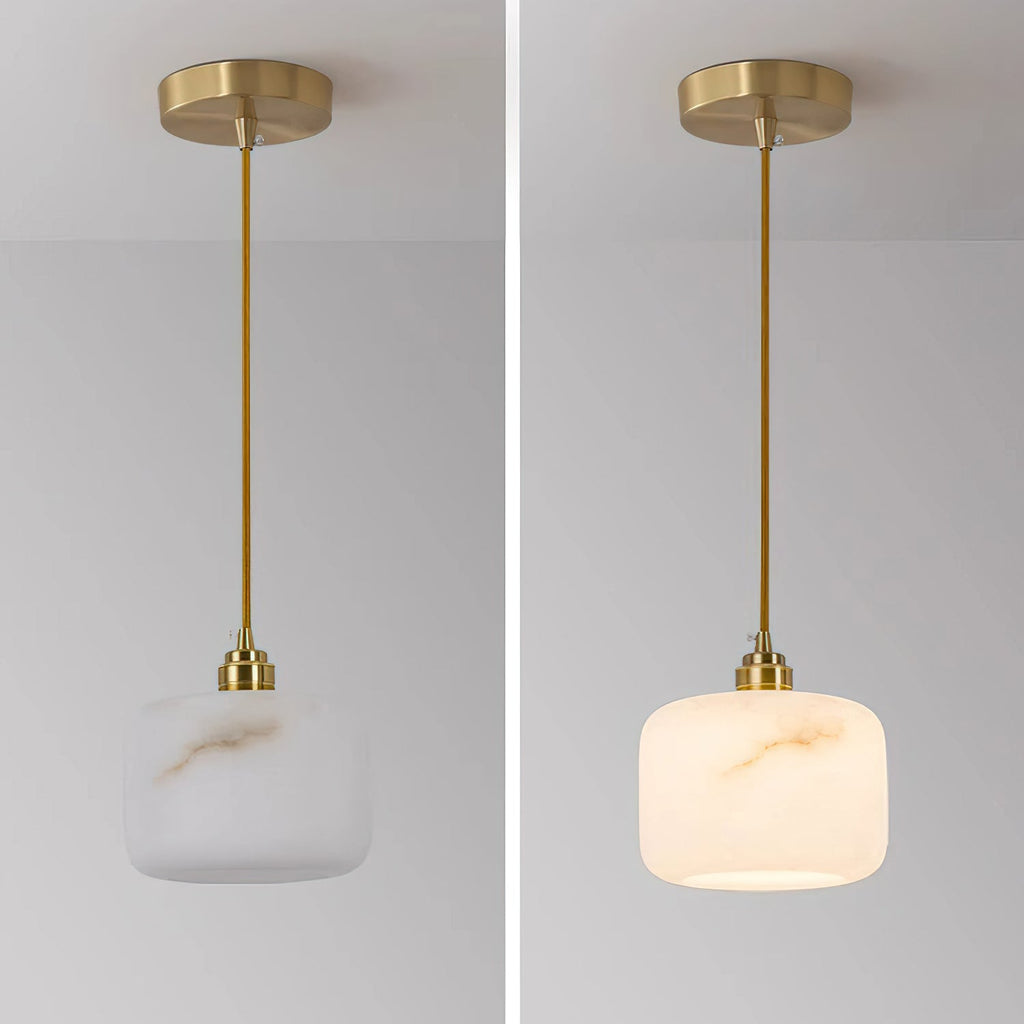 Two views of a single Clérachic alabaster pendant on a brass rod and round brass canopy, one unlit and one glowing.