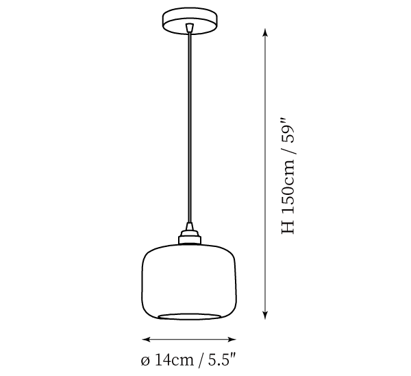 Clérachic pendant light dimension drawing, 1 of 3, every measurement marked in centimetres and inches.