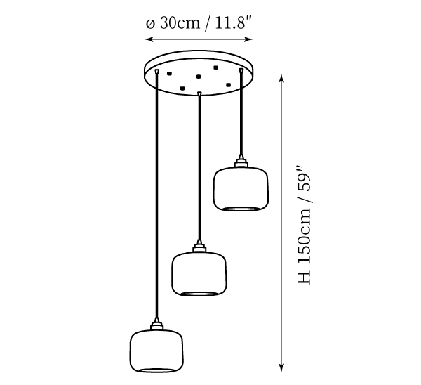 Clérachic pendant light dimension drawing, 2 of 3, every measurement marked in centimetres and inches.