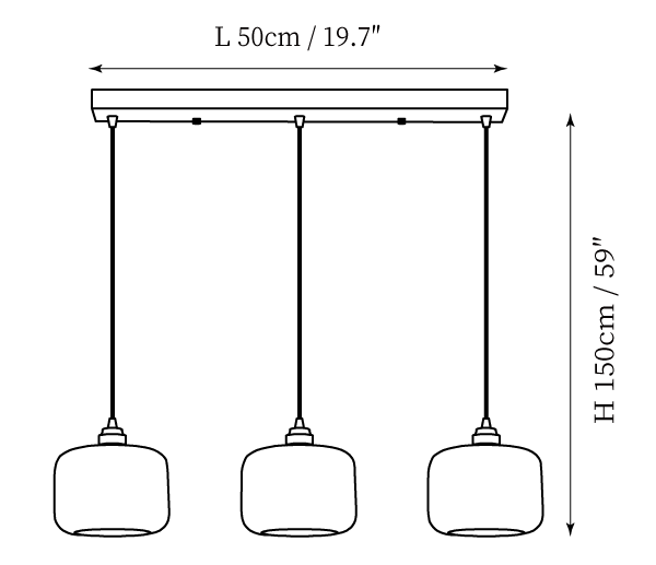 Clérachic pendant light dimension drawing, 3 of 3, every measurement marked in centimetres and inches.