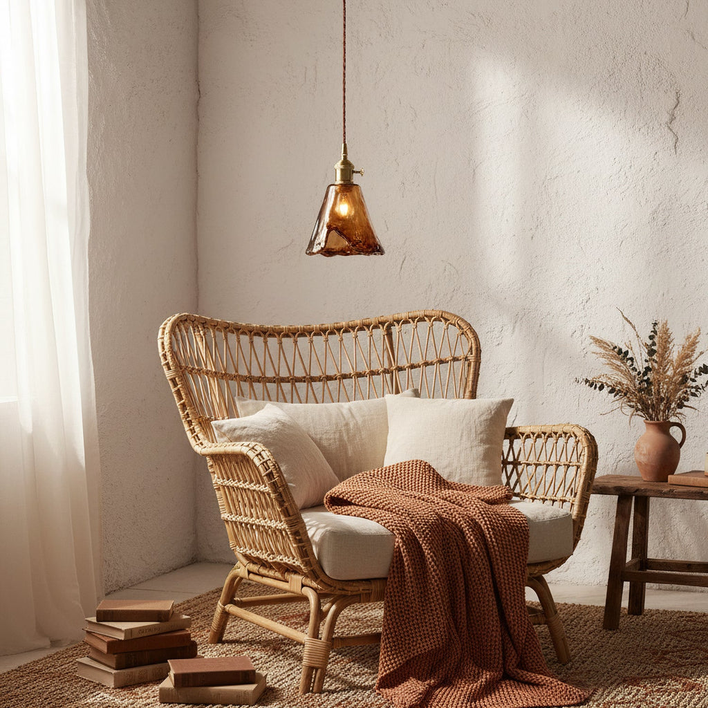 A Clérachic amber glass pendant lit above a rattan armchair with cream cushions and a rust throw, against a rough plaster wall.
