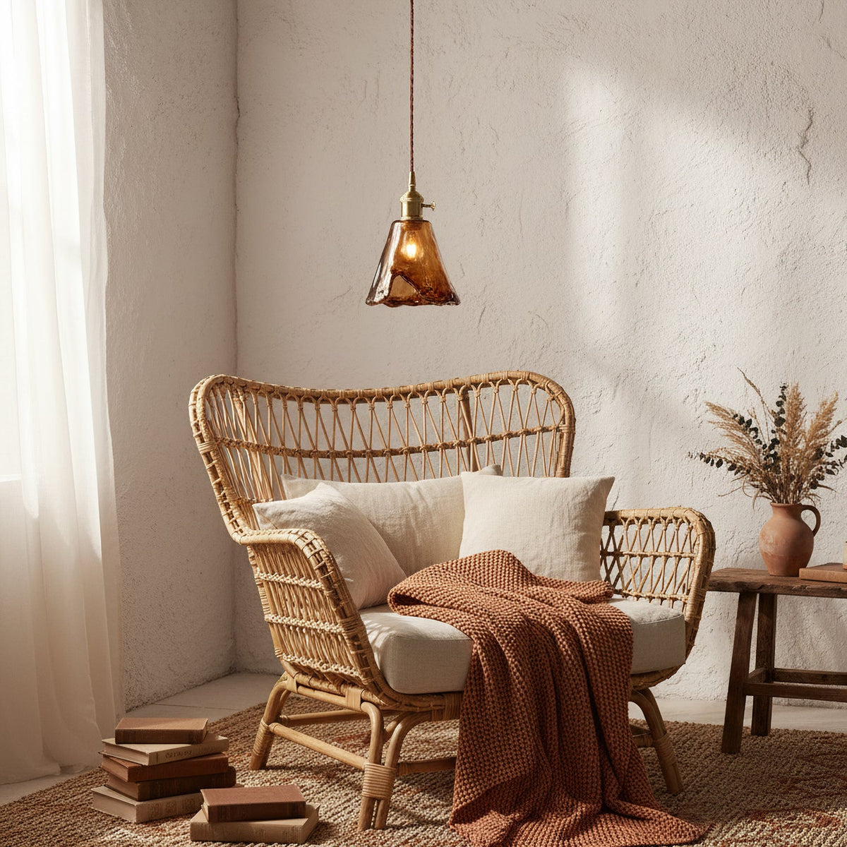 A Clérachic amber glass pendant lit above a rattan armchair with cream cushions and a rust throw, against a rough plaster wall.