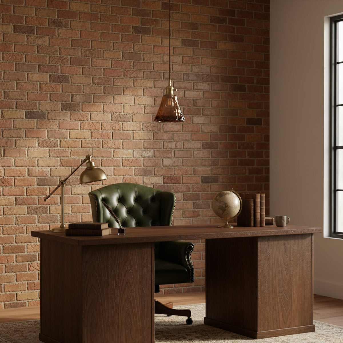 A small Clérachic amber pendant hangs in front of a brick wall, above a walnut desk with a brass desk lamp and a green chair.